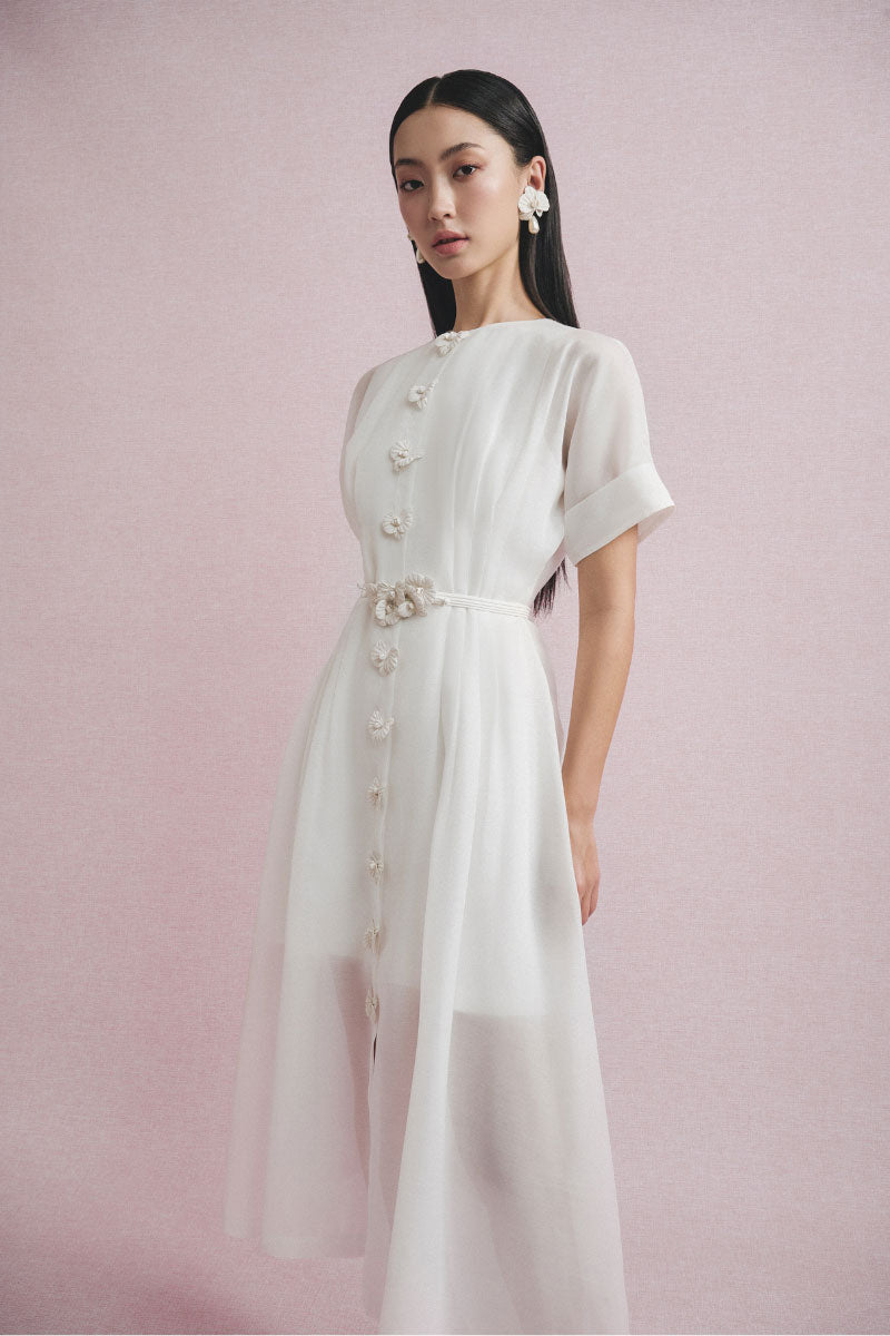 White Plan Alina Sheer Midi Dress with lightweight, flowing fabric and elegant design, perfect for stylish occasions.