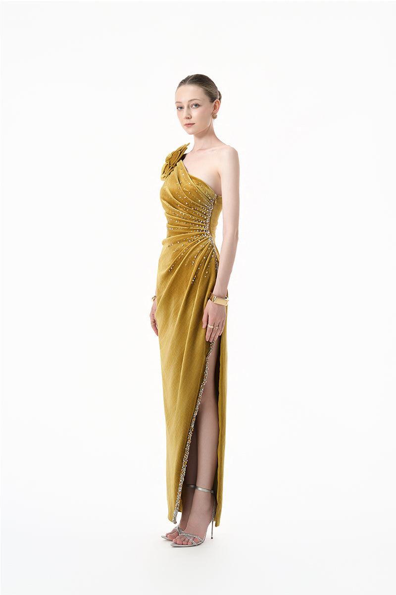 Elegant chartreuse gold velvet one-shoulder floral gown by Happy Clothing, featuring intricate floral details and luxurious fabric.