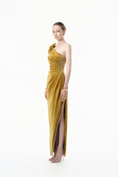 Elegant chartreuse gold velvet one-shoulder floral gown by Happy Clothing, featuring intricate floral details and luxurious fabric.