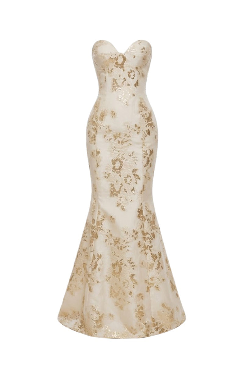 Elegant AURELIA floral mermaid gown by Margée Atelier, featuring intricate floral patterns and a flowing maxi dress silhouette.