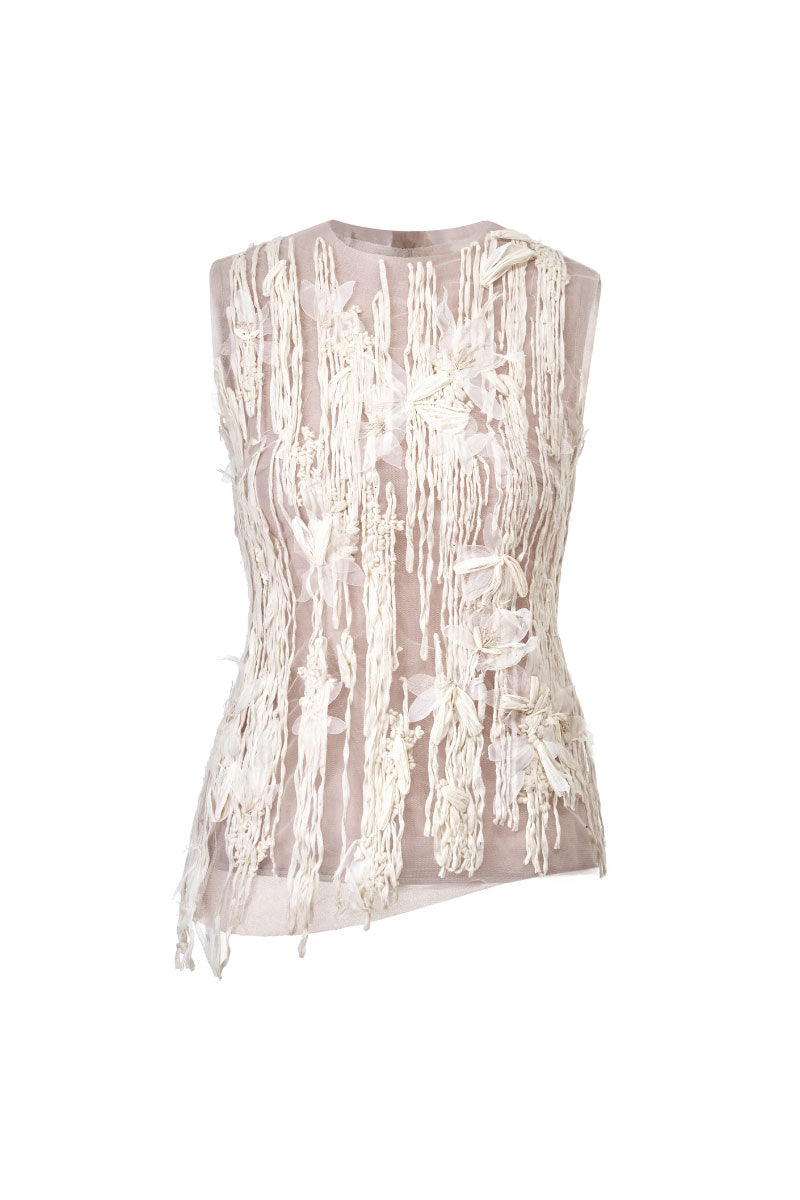 White Lecia craft embroidered see-through top with intricate embroidery and lightweight, sheer fabric for a stylish layered look.