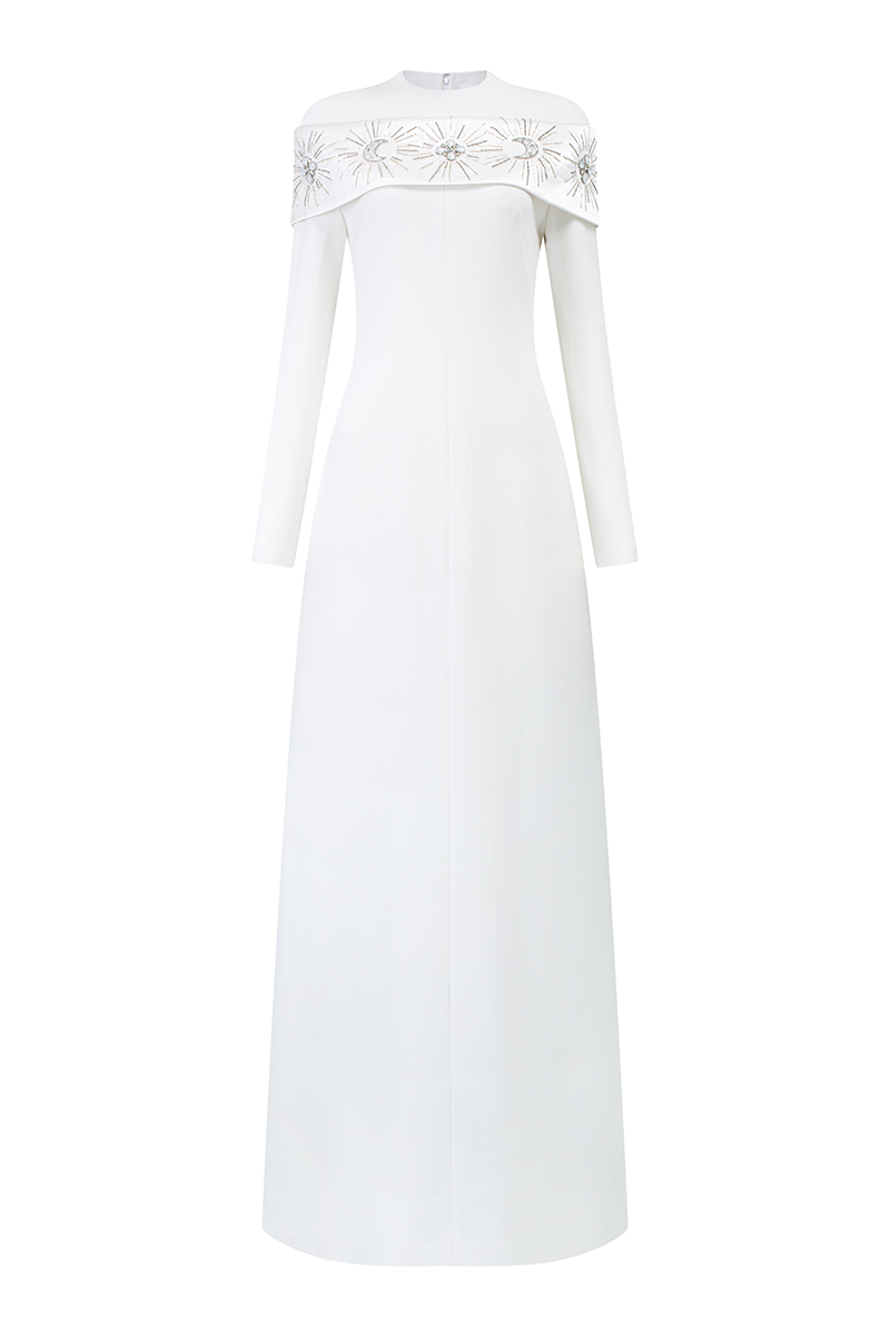 ROUND NECK SHOULDER CRYSTAL EMBELLISHED GOWN - CULT MIA