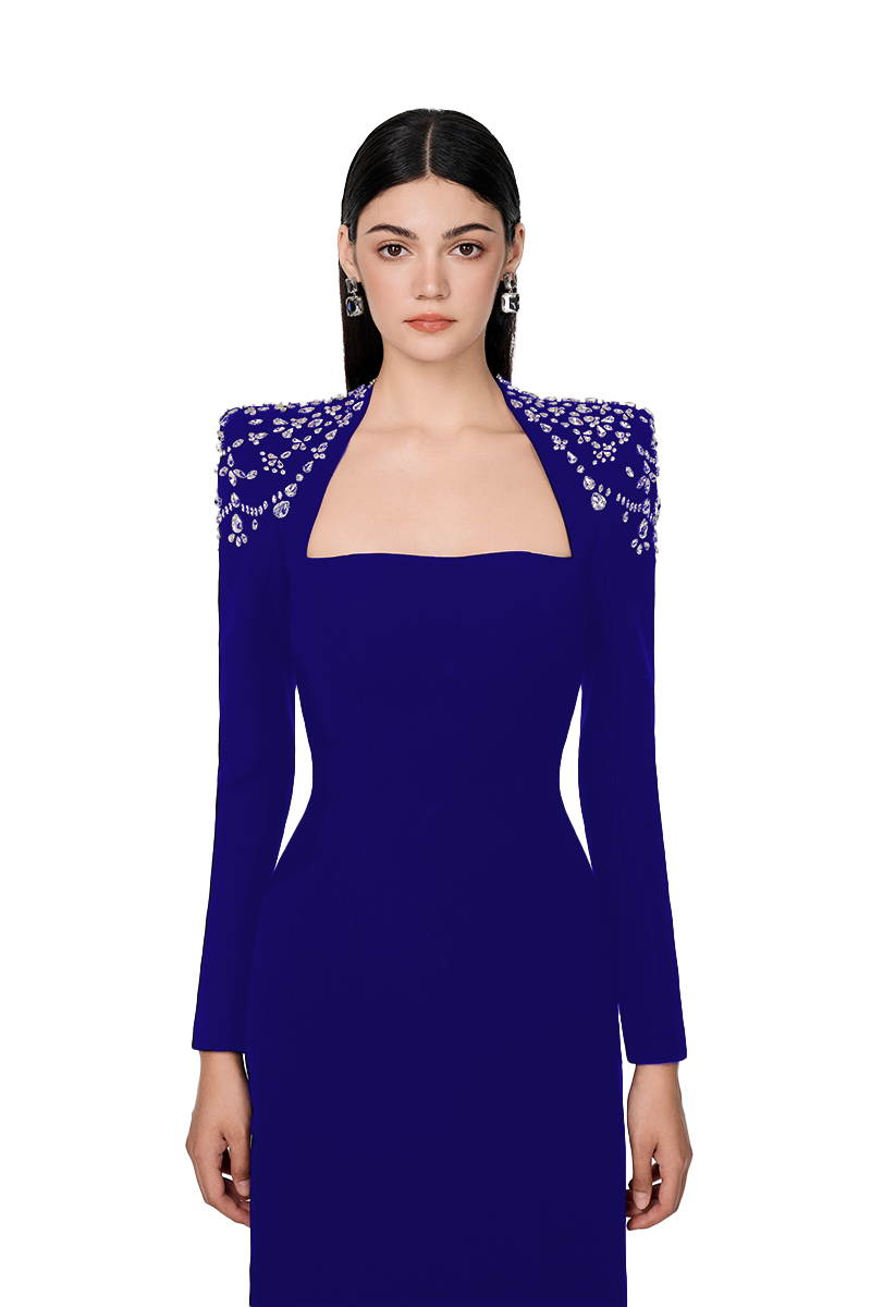 COBALT BLUE LONG SLEEVE TRAPEZOID NECKLINE BODYCON FULL DRESS - CULT MIA