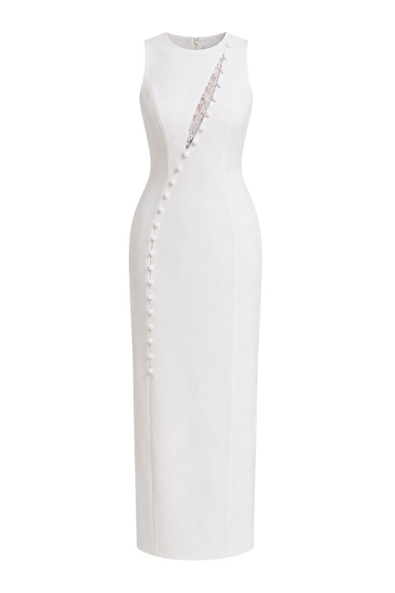 Keira Tong lace peek maxi dress featuring a flowing silhouette and intricate lace details, perfect for elegant occasions.