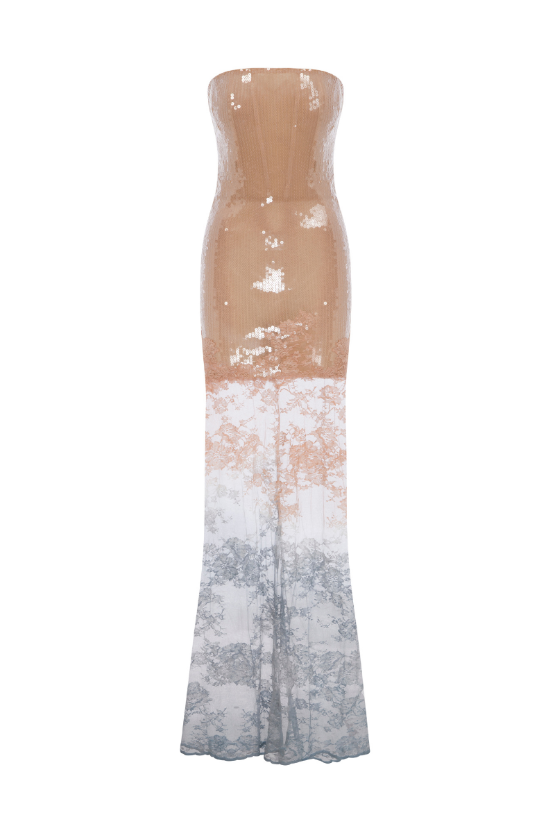 GRADIENT SEQUIN MAXI DRESS WITH LACE SKIRT | CULT MIA