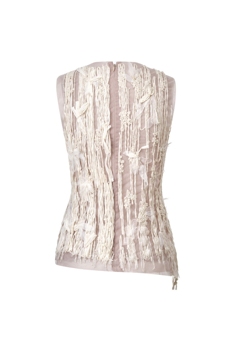 White Lecia embroidered see-through top with intricate embroidery and lightweight, sheer fabric, perfect for stylish layering.