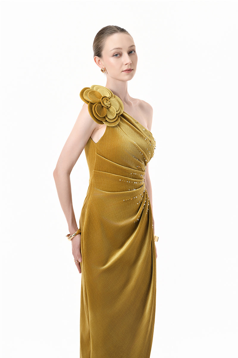 Charcoal gold velvet one-shoulder floral gown by Happy Clothing, featuring a flowing design and elegant floral pattern.