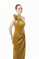 Charcoal gold velvet one-shoulder floral gown by Happy Clothing, featuring a flowing design and elegant floral pattern.