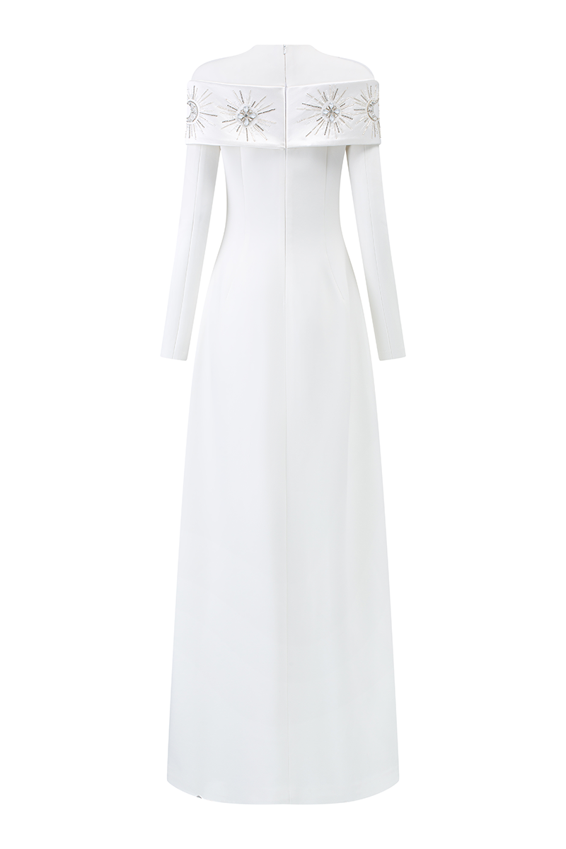 ROUND NECK SHOULDER CRYSTAL EMBELLISHED GOWN - CULT MIA