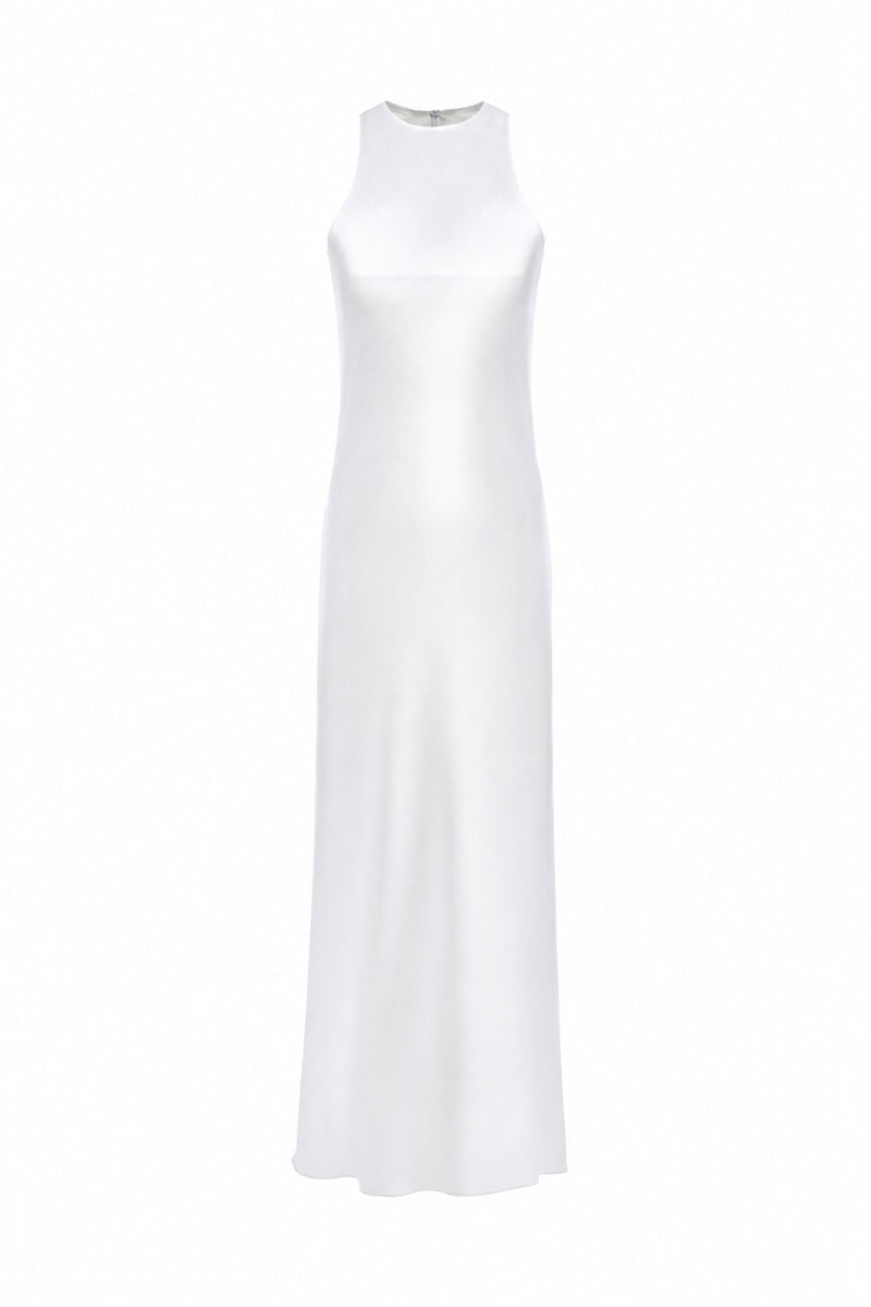 LEKIEU Bremen off-white midi dress with a fitted bodice and flowing skirt, perfect for elegant daytime wear.