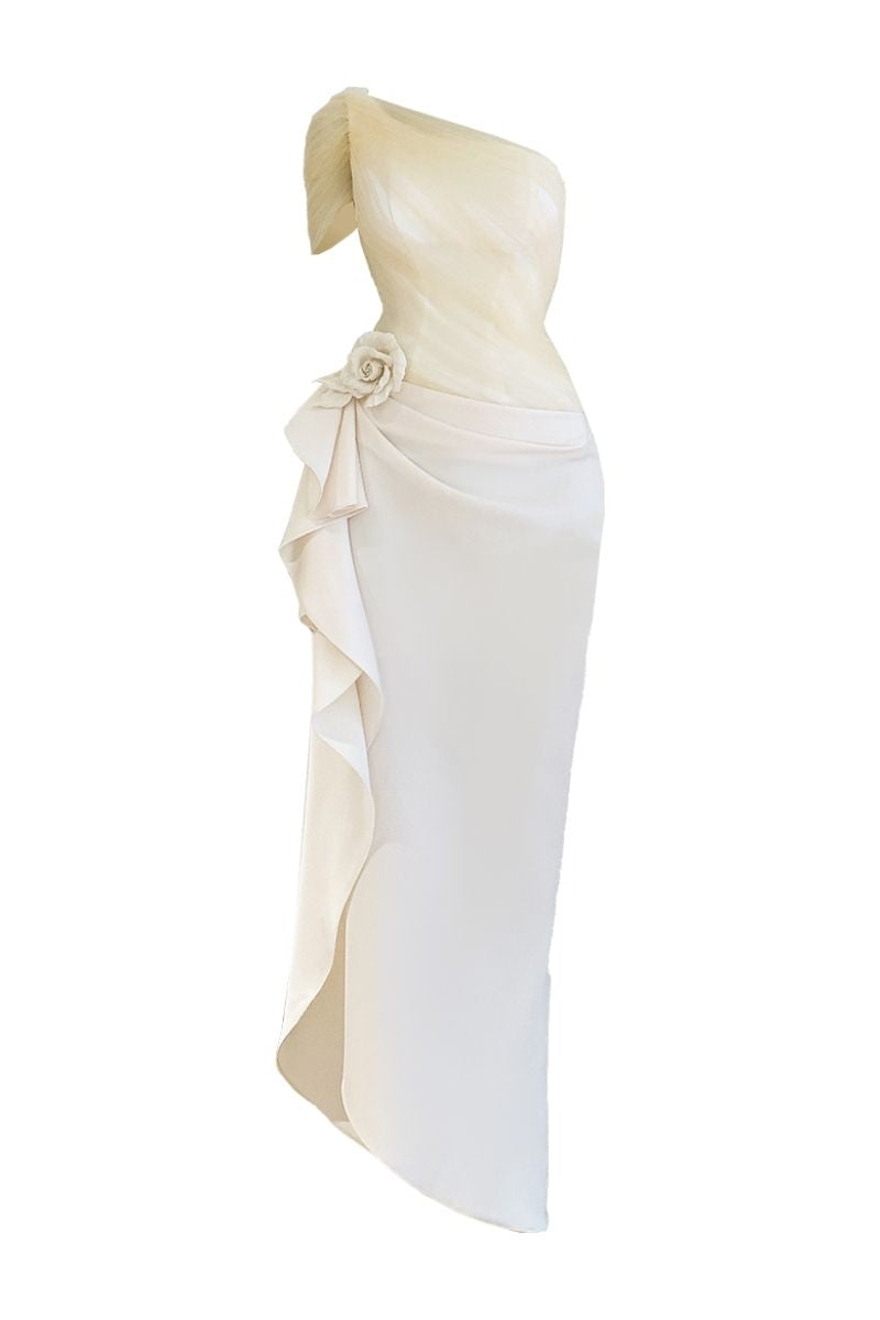 BEIGE OFF-SHOULDER SLIT MIDI DRESS - CULT MIA
