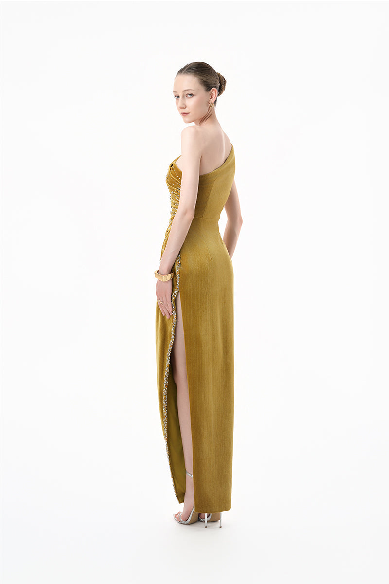 Chartreuse gold velvet one-shoulder floral gown by Happy Clothing, featuring a luxurious velvet fabric and elegant floral design.