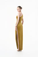 Chartreuse gold velvet one-shoulder floral gown by Happy Clothing, featuring a luxurious velvet fabric and elegant floral design.