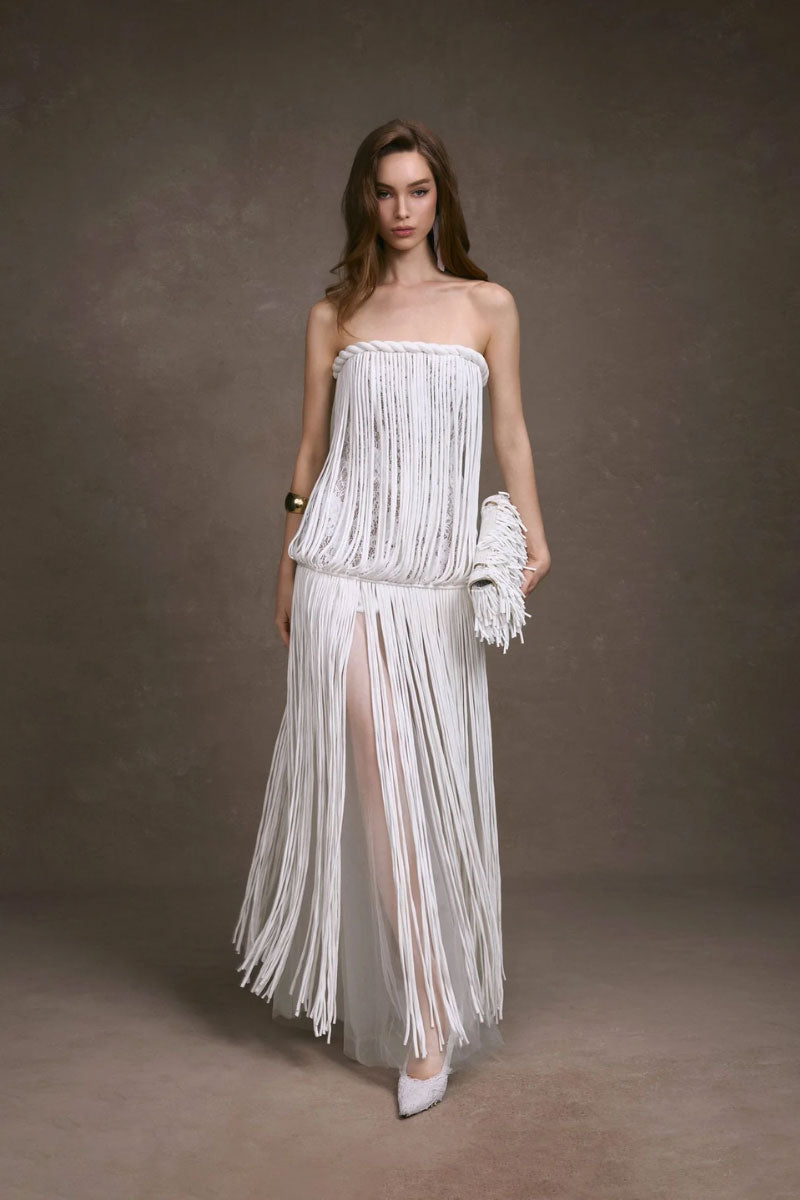 Black fringe lace corset maxi dress by KEIRA TONG featuring intricate lace details and flowing fabric for elegant evening wear.