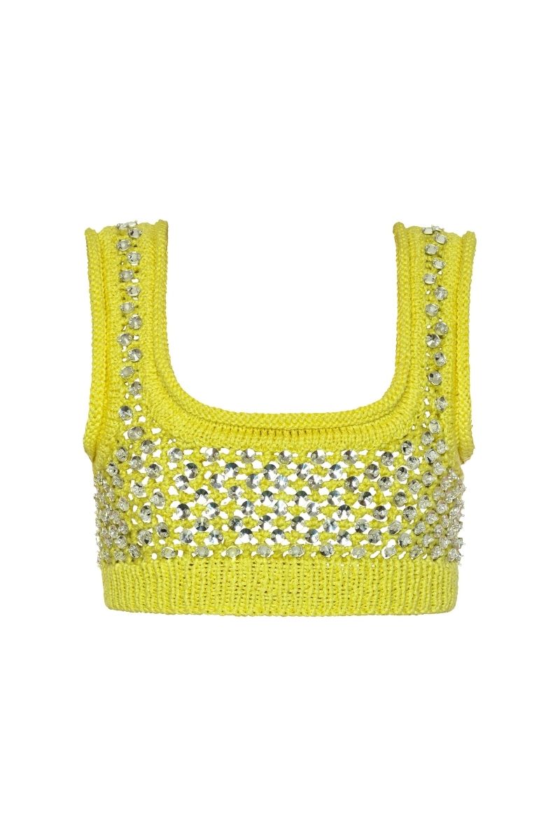 Lalo Thalia top in yellow, stylish women's fashion blouse, with a relaxed fit and soft fabric, shown on a hanger.