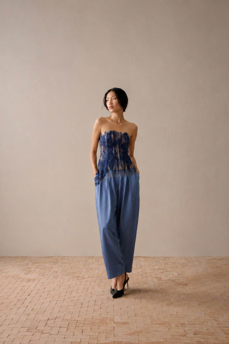 LECIA craft embroidered see-through Lumin Blue tube top, lightweight and stylish, featuring delicate embroidery and sheer fabric.