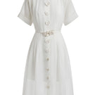 White Plan Alina Sheer Midi Dress displayed on a model, featuring lightweight, flowing fabric and elegant design.