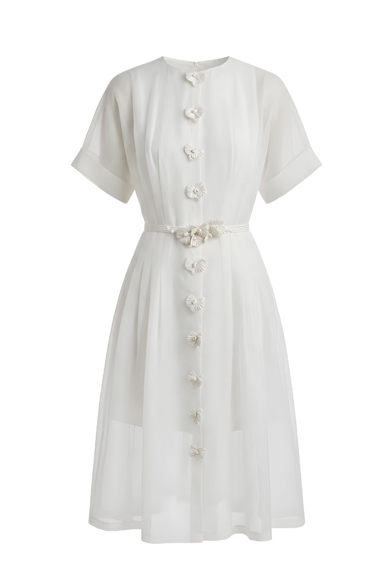 White Plan Alina Sheer Midi Dress displayed on a model, featuring lightweight, flowy fabric and elegant design for sophisticated style
