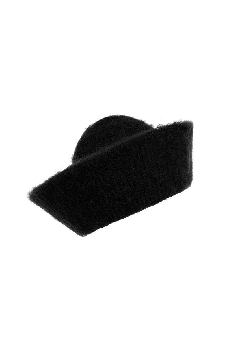 Lalo handmade black knitted hat, cozy and stylish, featuring a textured knit pattern and a snug fit for warmth and comfort.