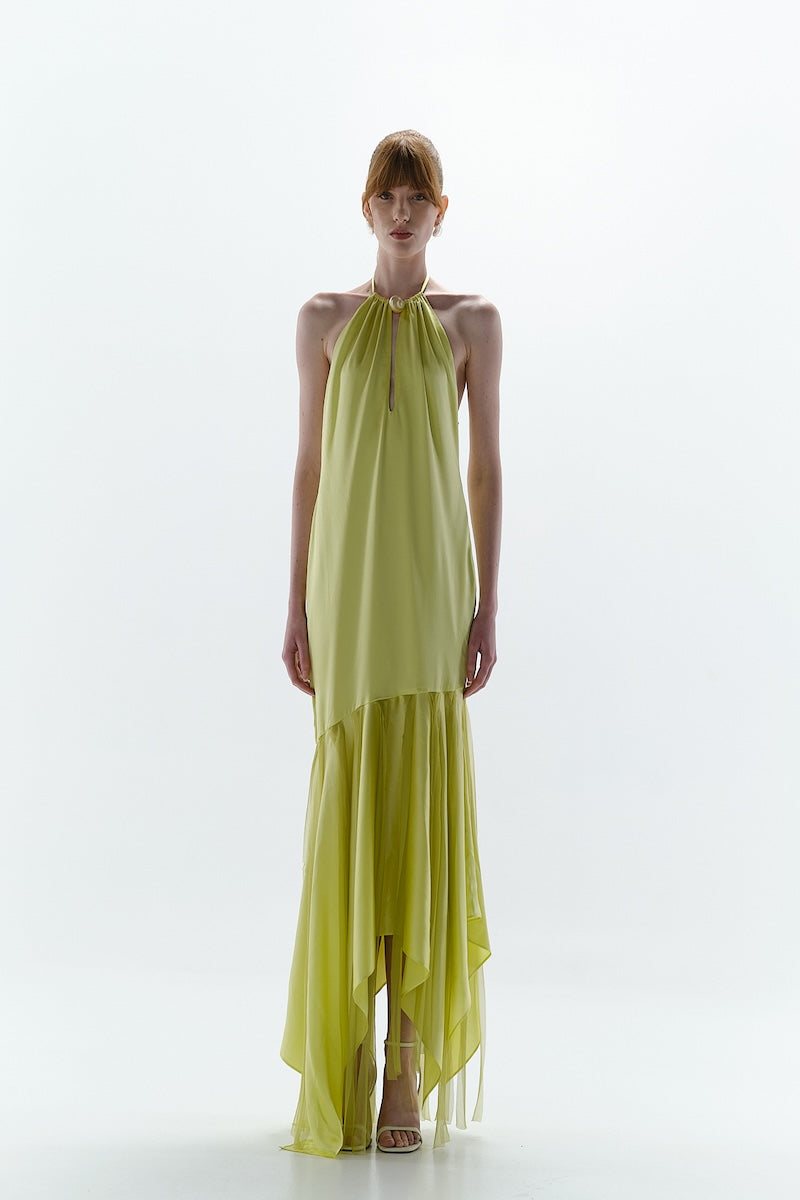 Baobab Ronda Maxi Dress in vibrant green and lemon color, flowing fabric, and stylish design suitable for casual or summer wear.