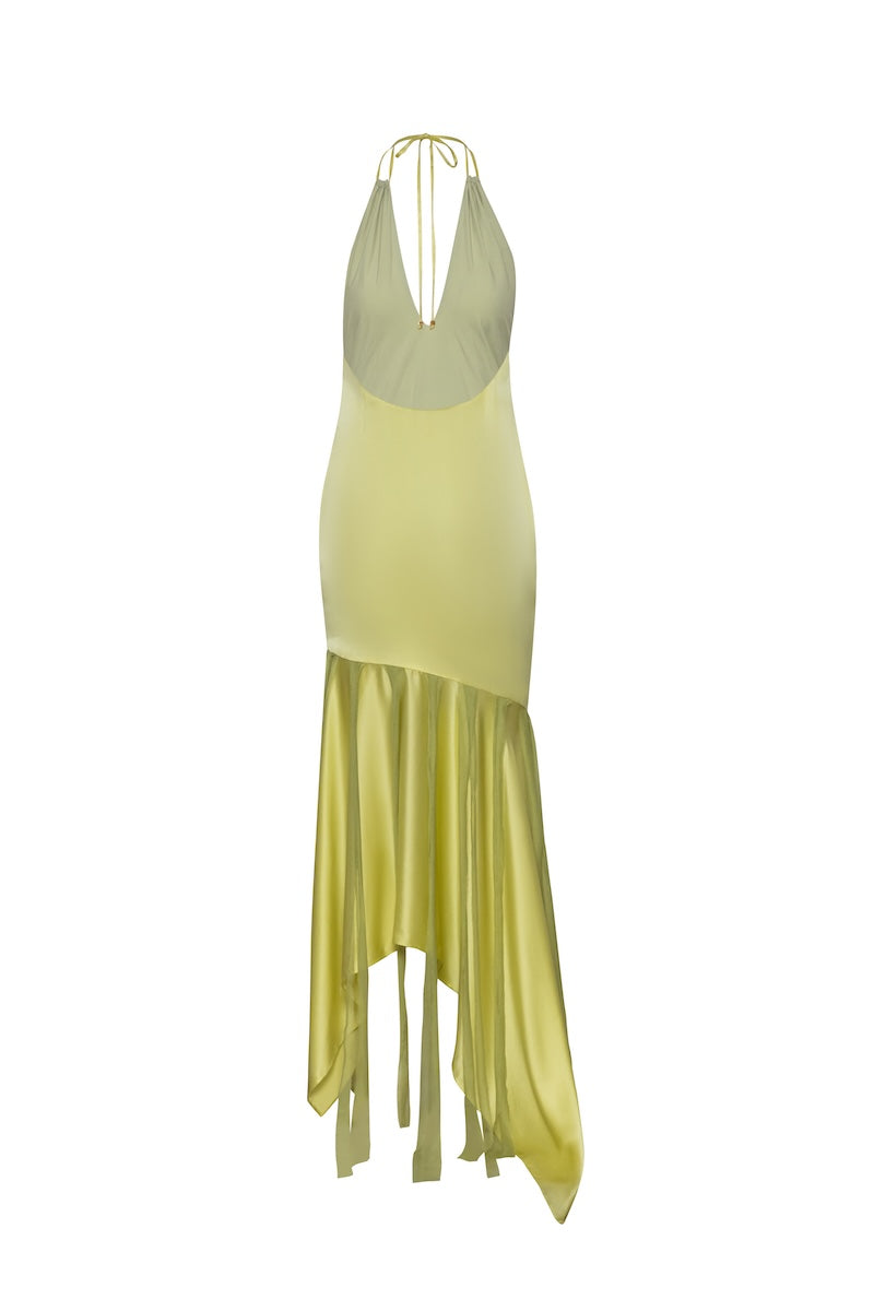 Baobab Ronda Maxi Dress in vibrant green and lemon print, flowing maxi dress with sleeveless design and relaxed fit.