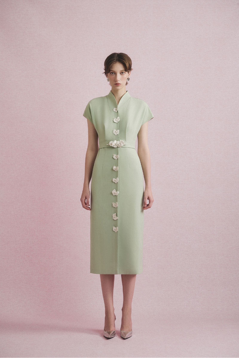 White Plan Liora tailored midi dress shown on a model with a fitted waist and sleek design, perfect for elegant occasions.