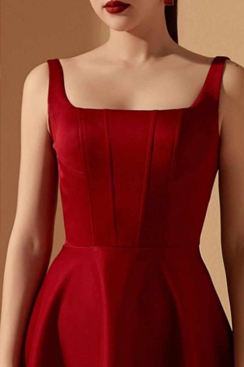 Liliana red taffeta U-line midi dress by 21Six, showing smooth fabric and elegant design with a fitted waist and knee-length hem.