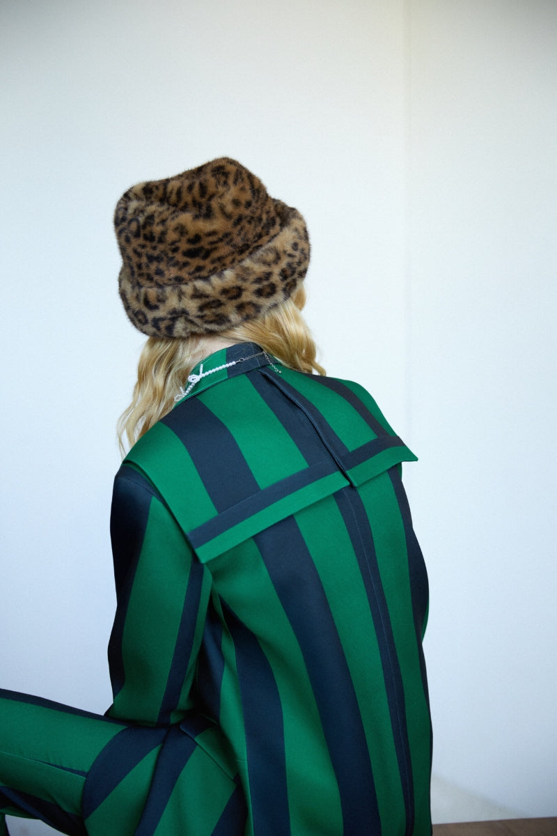 Green striped blazer by ColoReve, tailored fit with notch lapels and stylish pattern, displayed on a hanger.