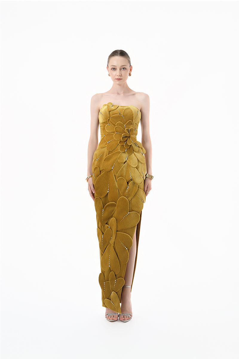Elegant chartreuse gold velvet strapless gown with 3D petal detailing from Happy Clothing, shown on a model.