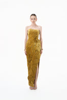 Elegant chartreuse gold velvet strapless gown with 3D petal detailing from Happy Clothing, shown on a model.