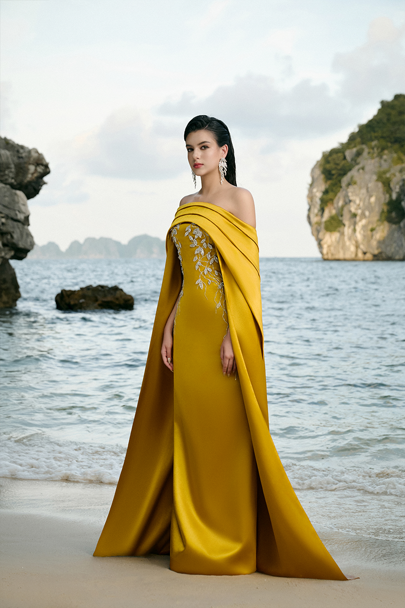 CURVED DRAPED OFF SHOULDER WITH LONG SLEEVE CAPE DRESS - CULT MIA