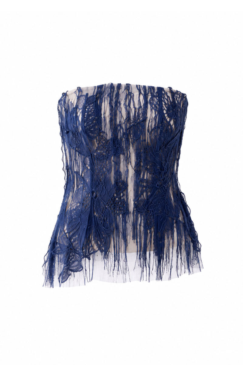 LECIA craft embroidered see-through tube top in luminous blue, featuring delicate embroidery and a fitted, stylish design.