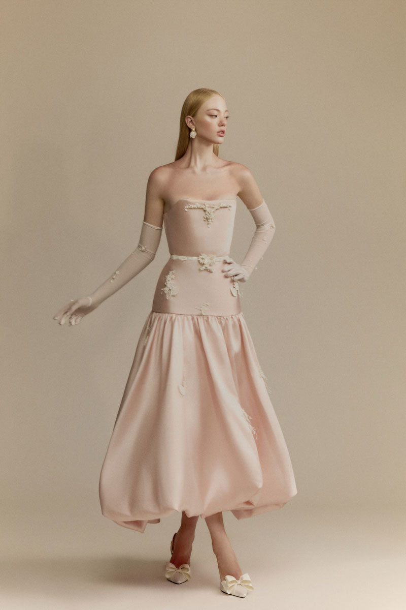 LUMI Pink Gown by White Plan, elegant dress with flowing fabric and delicate details, suitable for formal occasions.