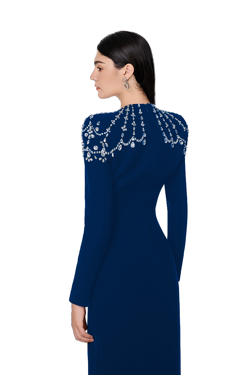 NAVY BLUE LONG SLEEVE TRAPEZOID NECKLINE BODYCON FULL DRESS | CULT MIA | Tracy Studio NAVY BLUE LONG SLEEVE TRAPEZOID NECKLINE BODYCON FULL DRESS | CULT MIA | Tracy Studio
