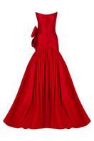 Elegant Cameron red bow trumpet gown by Tarık Ediz featuring a fitted silhouette and stylish bow detail at the waist.