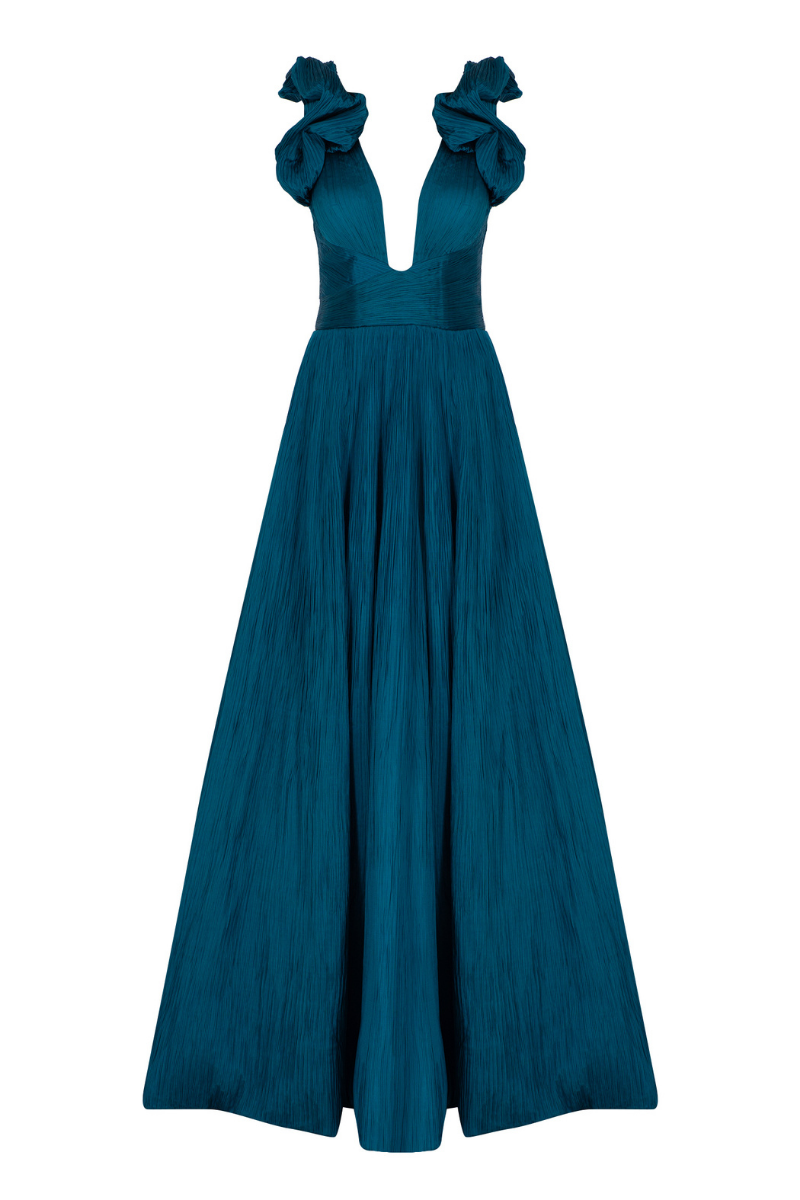 CAPRICE TURQUOISE RUFFLED V-NECK GOWN - CULT MIA