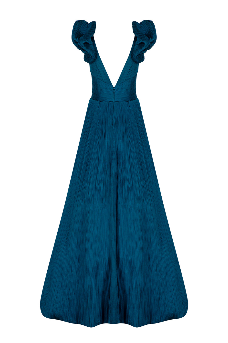 CAPRICE TURQUOISE RUFFLED V-NECK GOWN - CULT MIA
