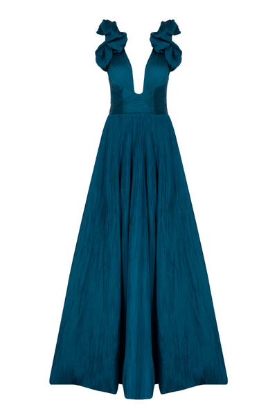 caprice maxi dress CAPRICE TURQUOISE RUFFLED V-NECK GOWN | CULT MIA