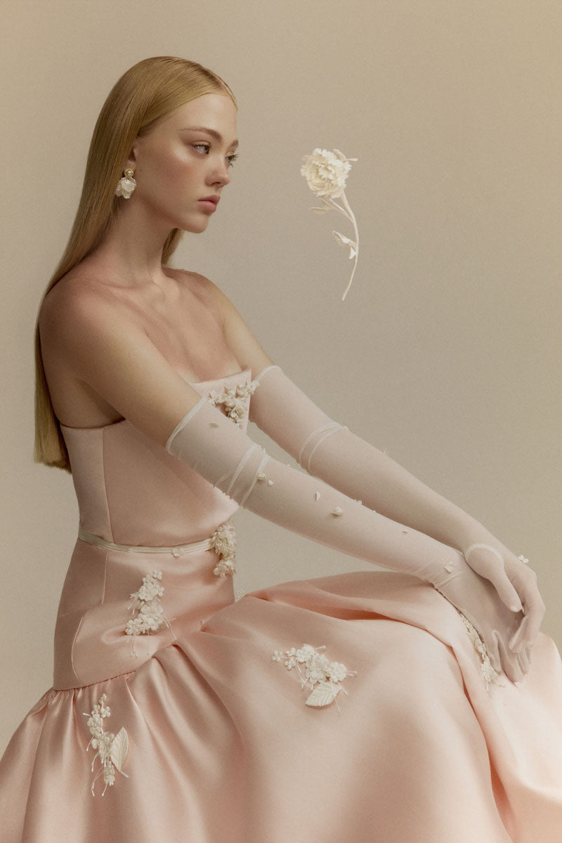 Pink LUMI gown by White Plan, elegant floor-length dress with flowing fabric and delicate design details.