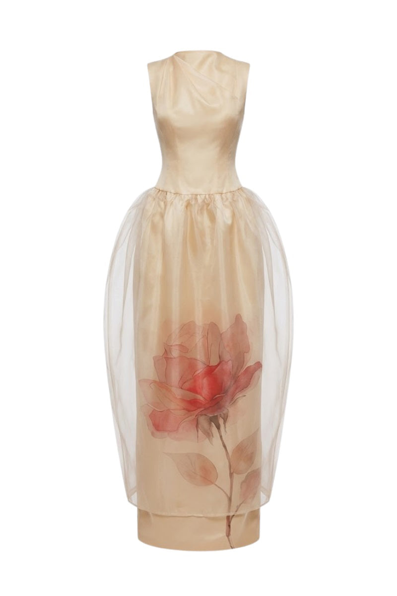 Elegant ethereal rose sculptural gown from Margée Atelier, featuring flowing maxi dress design with intricate floral details.