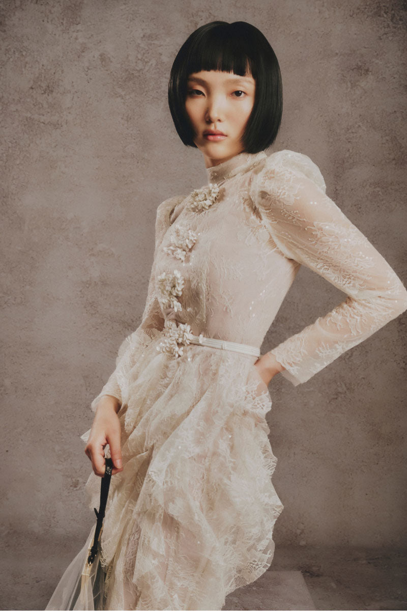 White Plan blush feather romance midi dress featuring soft feather details and a flowing silhouette.
