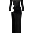 Black Caprila Maxi Dress by Arti Apparel, flowing dress with a relaxed fit and elegant design, shown on a model.