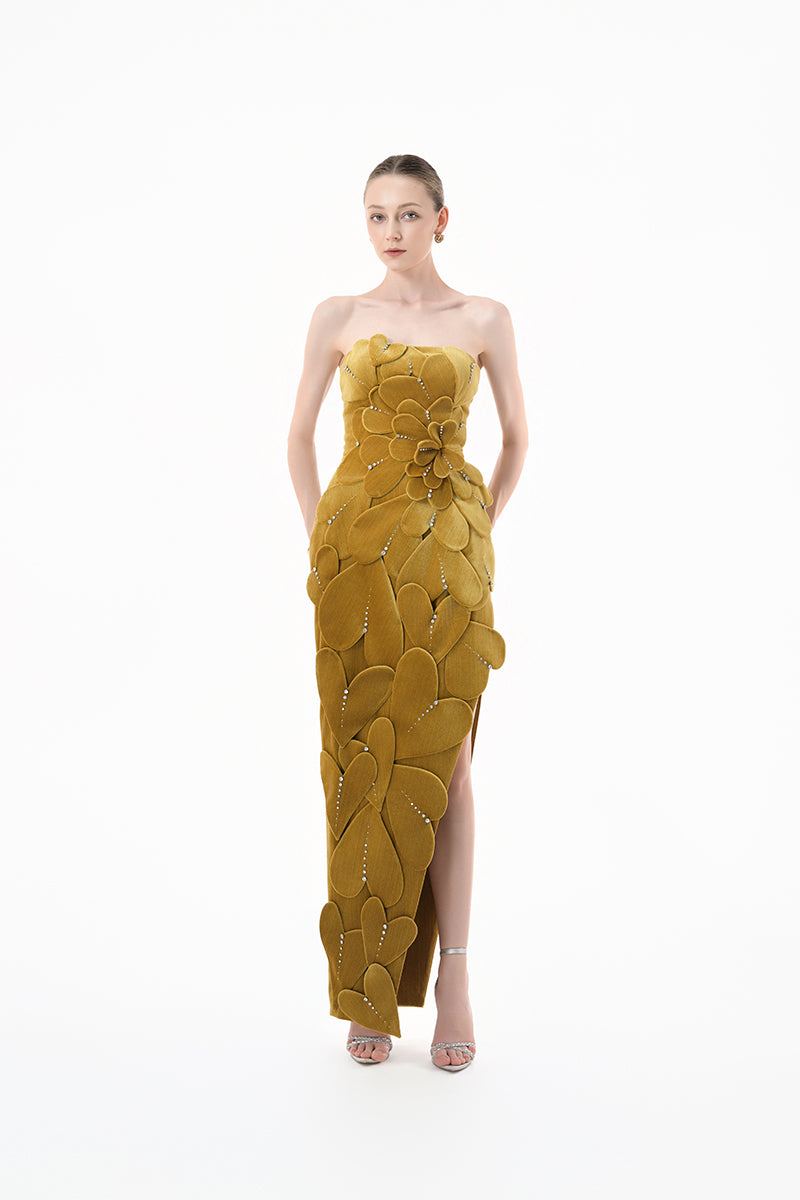 Gold velvet strapless gown with 3D petal details from Happy Clothing, showcasing its elegant design and luxurious fabric.
