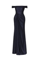 Navy Jansen gown by Tarık Ediz featuring elegant fabric and intricate detailing, shown on a mannequin.