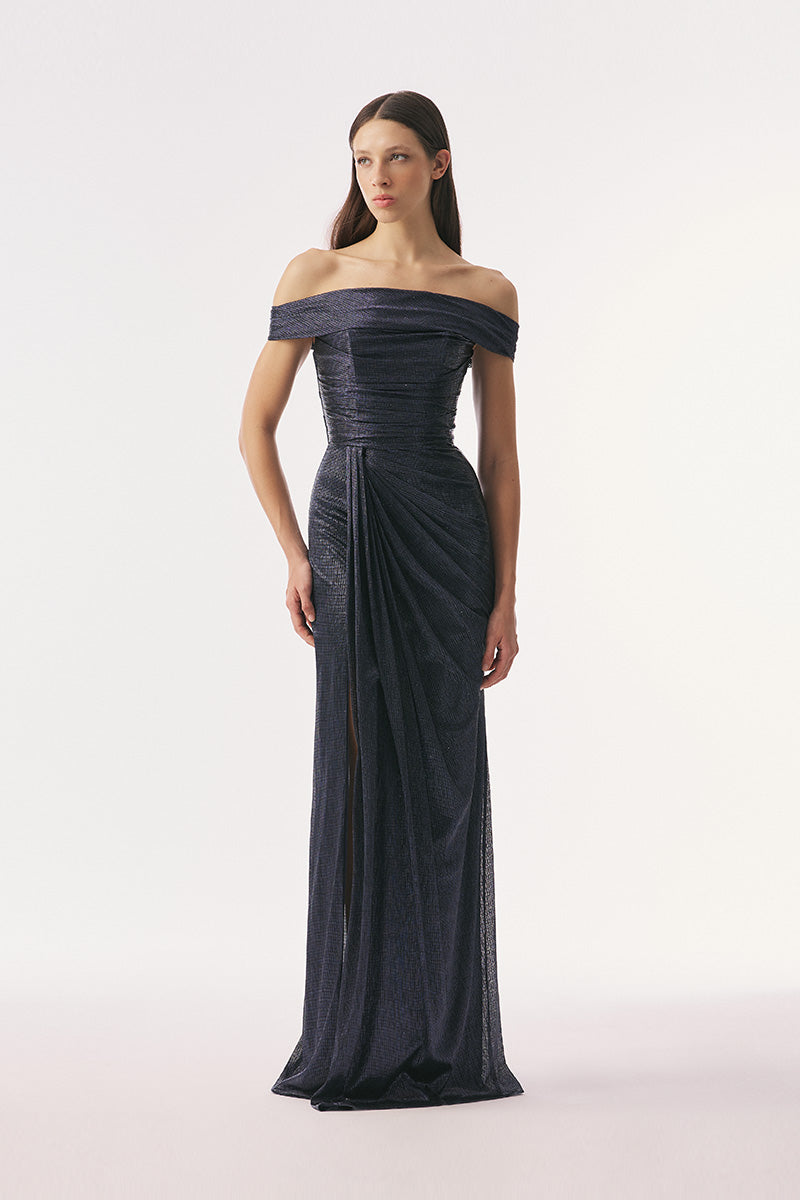 Navy Jansen maxi dress by Tarık Ediz featuring a flowing silhouette and elegant design, perfect for formal occasions.