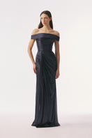 Navy Jansen gown by Tarık Ediz featuring elegant fabric and fitted design, displayed on a mannequin.