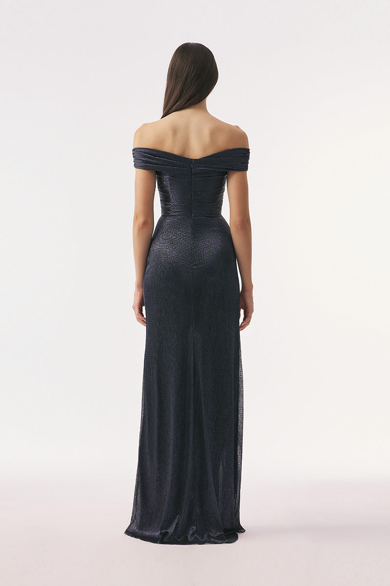 Navy Jansen maxi dress by Tarık Ediz featuring a flowing silhouette and elegant design, displayed on a hanger.