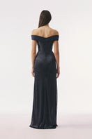 Elegant navy Jansen gown by Tarık Ediz, featuring flowing fabric and sophisticated design, perfect for formal occasions.