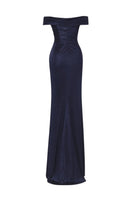 Elegant navy Jansen gown by Tarık Ediz with intricate detailing and flowing fabric, perfect for formal occasions.