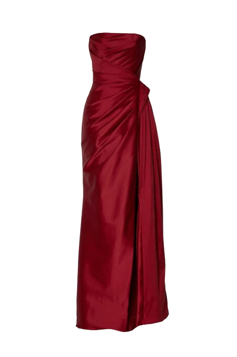 Elegant Tarık Ediz Madrona wine gown with flowing fabric and sophisticated design, perfect for formal occasions.